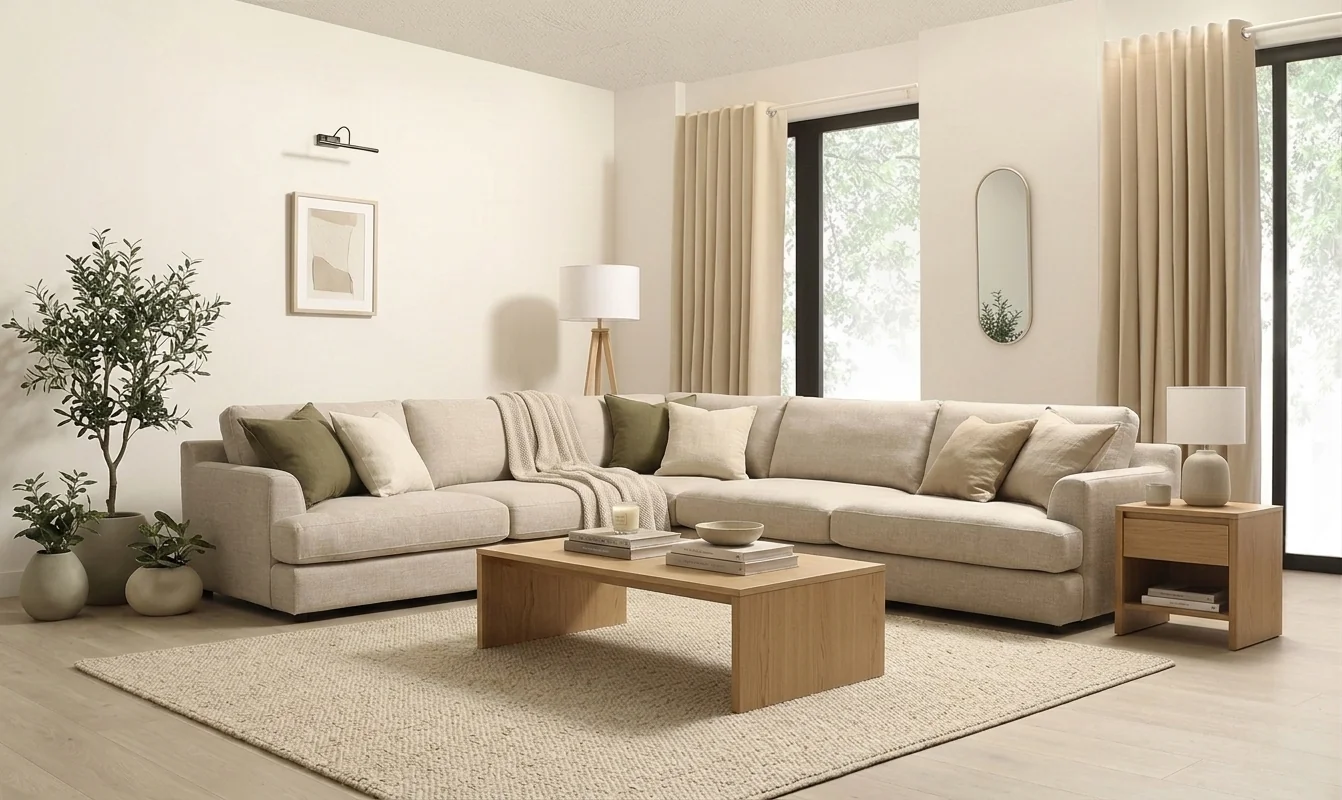 AI-generated neutral living room with oversized L-shaped sectional sofa in oatmeal linen, sage green throw pillows, wooden coffee table, tripod floor lamp, and olive tree