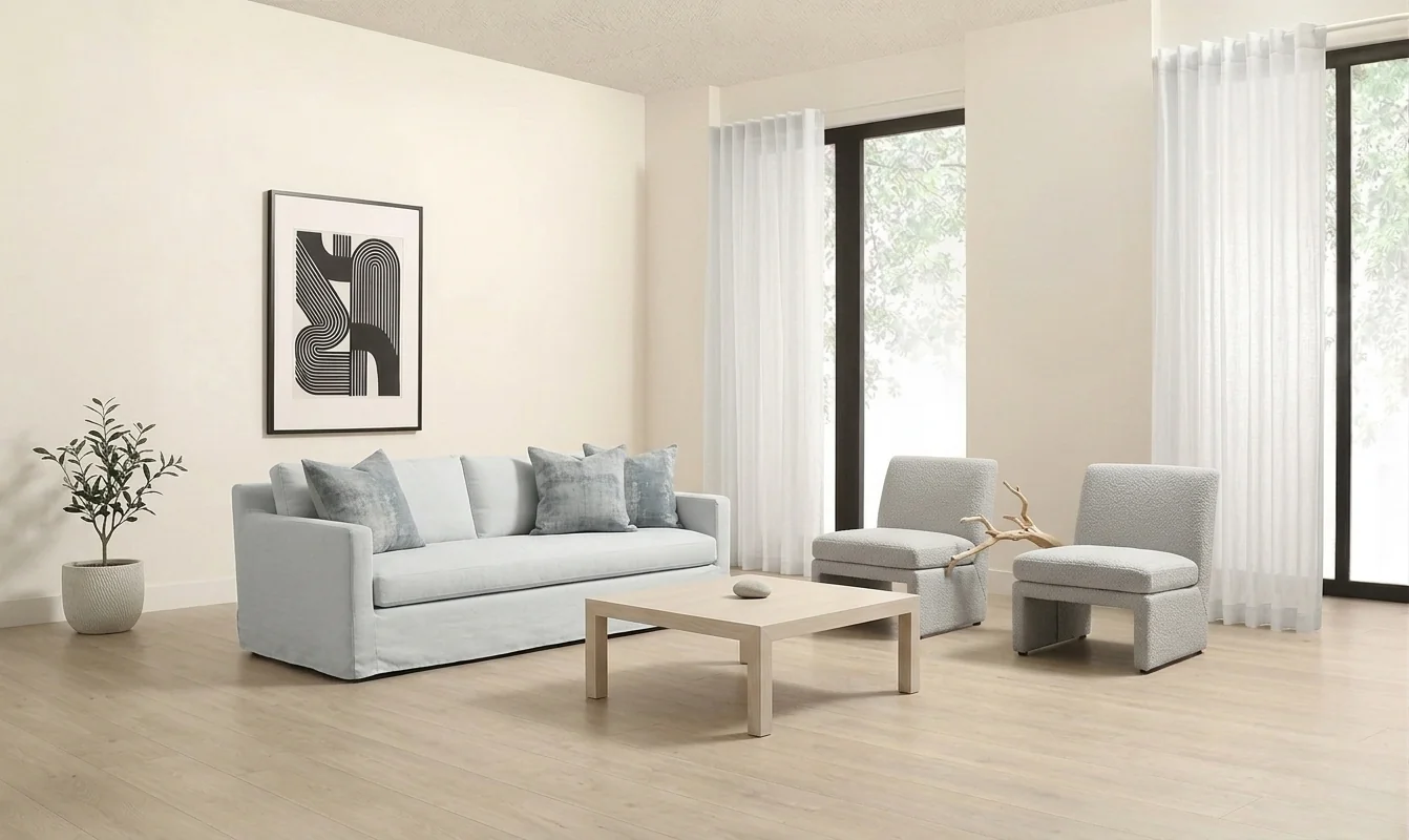 AI-generated minimalist living room with light gray linen slipcover sofa, bouclé accent chairs with matching ottoman, geometric black and white art, and sheer white curtains