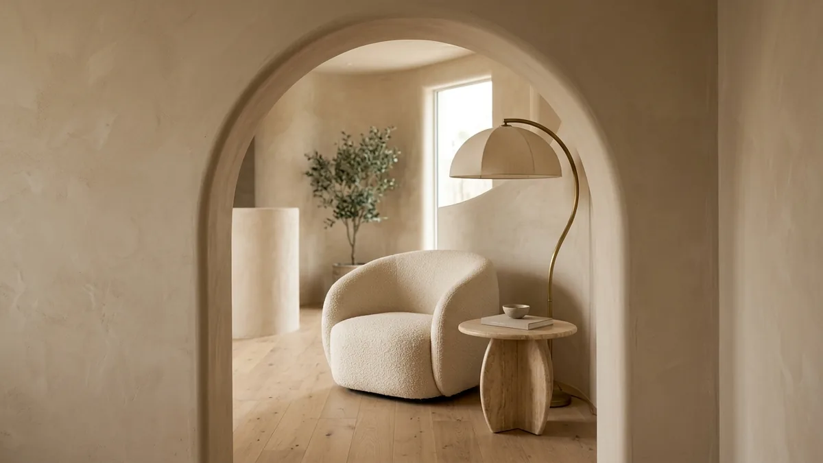 An arched plaster doorway framing a curved bouclé armchair, a round travertine pedestal table and a sculptural brass floor lamp