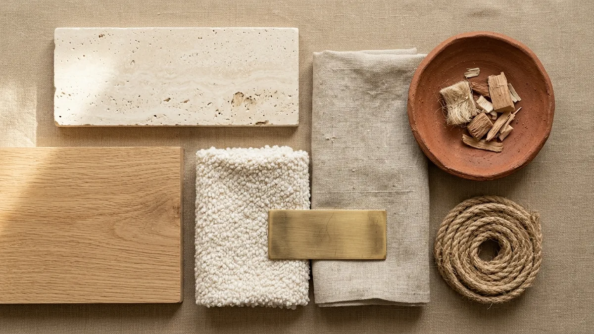Close-up of organic luxe materials: limewash plaster, travertine, oak, bouclé and raw ceramics in warm earthy tones