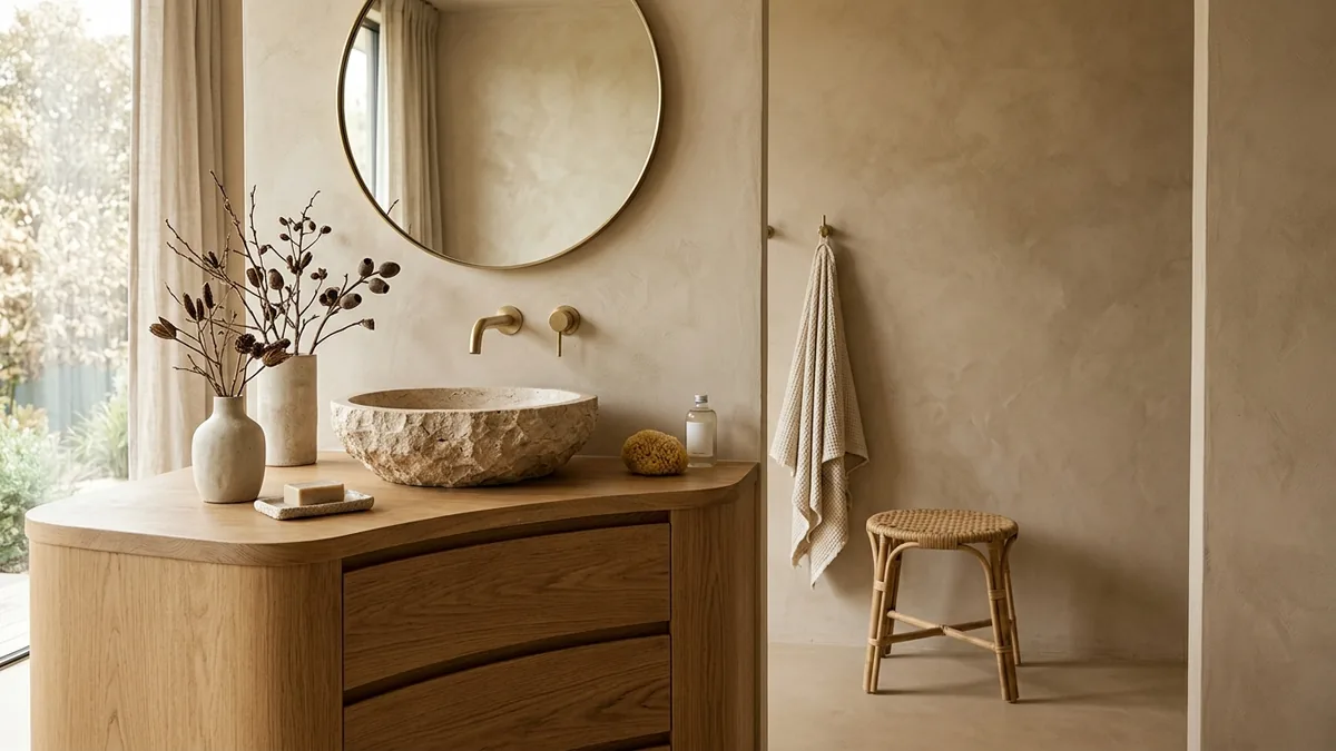 A serene organic luxe bathroom with plaster walls, a sculptural stone basin, a curved oak vanity, brass fixtures and a round mirror
