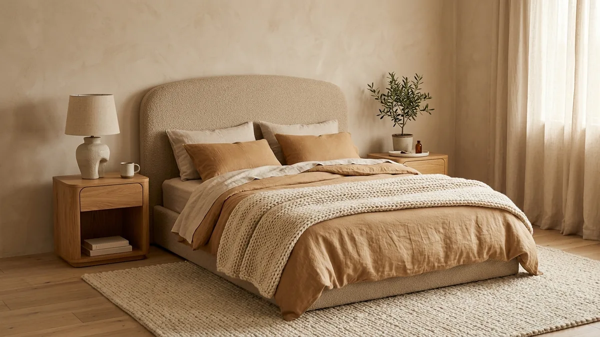 An organic luxe bedroom with a curved oat bouclé headboard, layered linen bedding in oat and caramel, and a chunky woven rug
