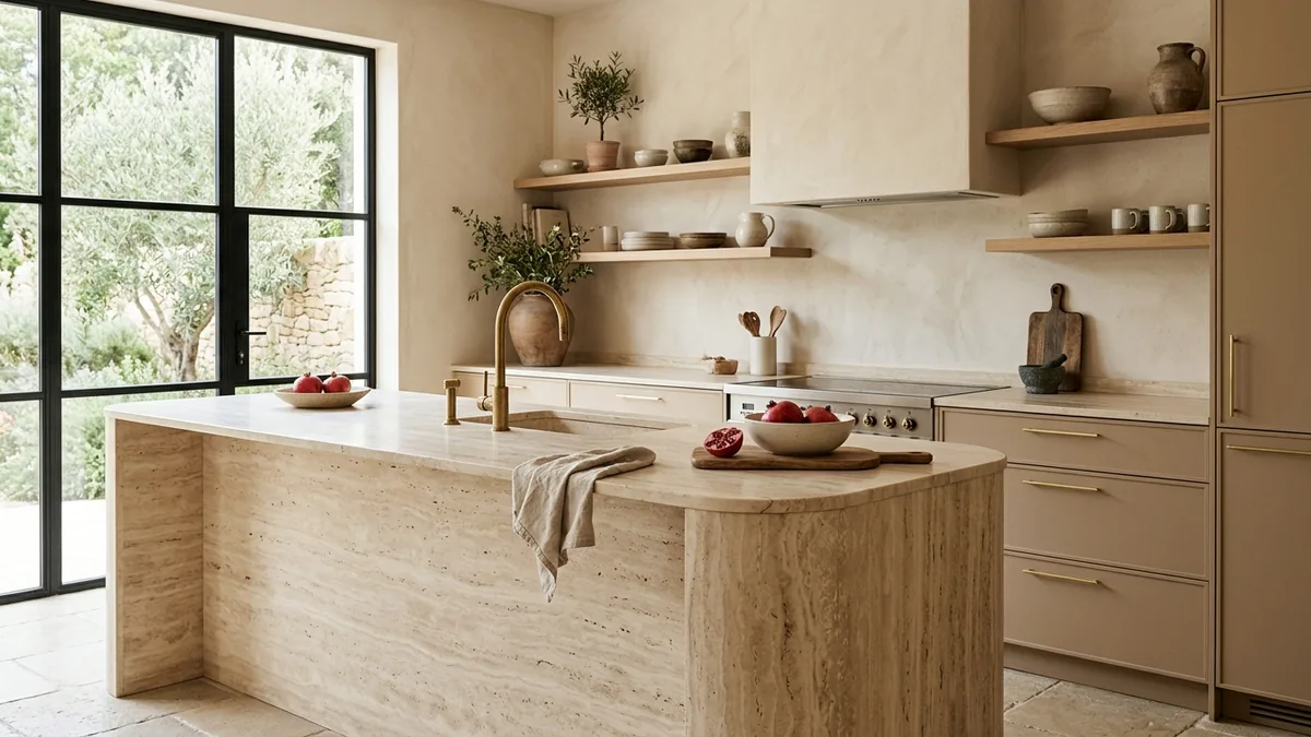 An organic luxe kitchen with warm clay-toned cabinetry, a travertine island with a rounded end, brass tap and oak open shelving