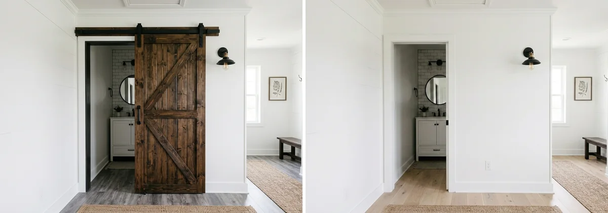 The same hallway twice: on the left a dark stained plank barn door with a black Z brace hanging on an exposed steel track above a bathroom opening, on the right the same opening with the barn door and track gone, a clean rectangular doorway and a pale oak floor