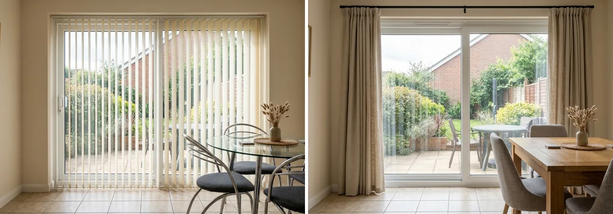 The same dining area twice: on the left cream vertical blinds covering a sliding patio door with a glass table and metal chairs, on the right the same door with full-height oatmeal linen curtains on a slim black rod, an oak table and upholstered chairs, and the garden now visible through the glass