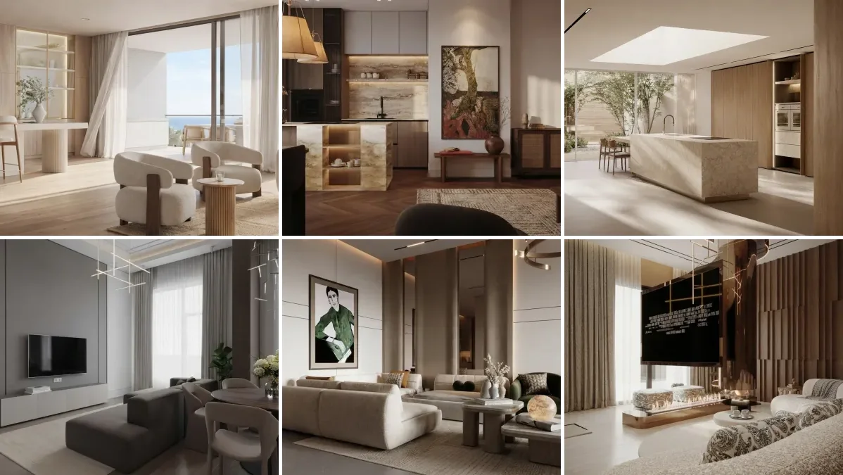 An open plan suburban living and dining room that is well kept but a decade out of date: oak cabinets and a granite breakfast bar on the left, cream vertical blinds on the patio door, beige wall to wall carpet, an oversized brown leather sectional, a ceiling fan and a glass dining table