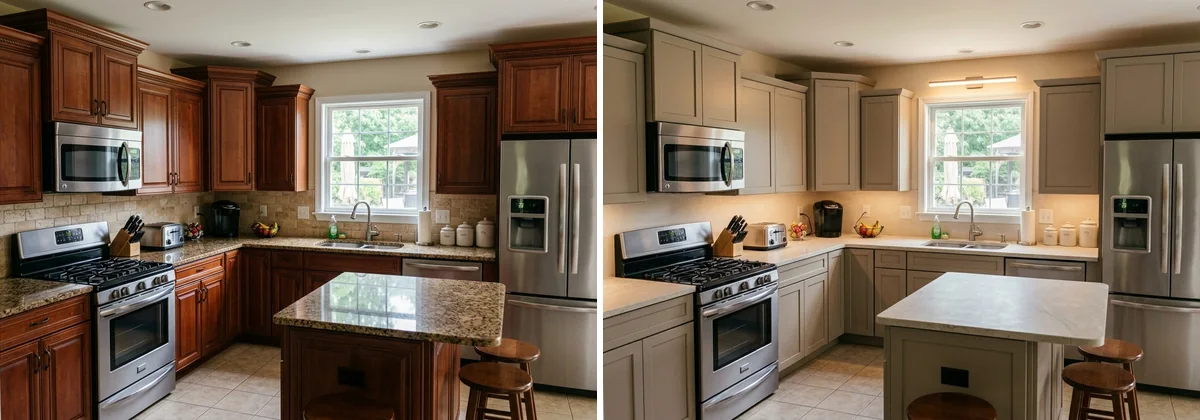 The same kitchen twice: on the left speckled brown granite worktops with raised-panel cherry cabinets, a travertine tile backsplash and ornate crown moulding, on the right the identical layout with the cabinets repainted greige with flat fronts, a pale honed worktop, a plain plaster backsplash and warm under-cabinet lighting