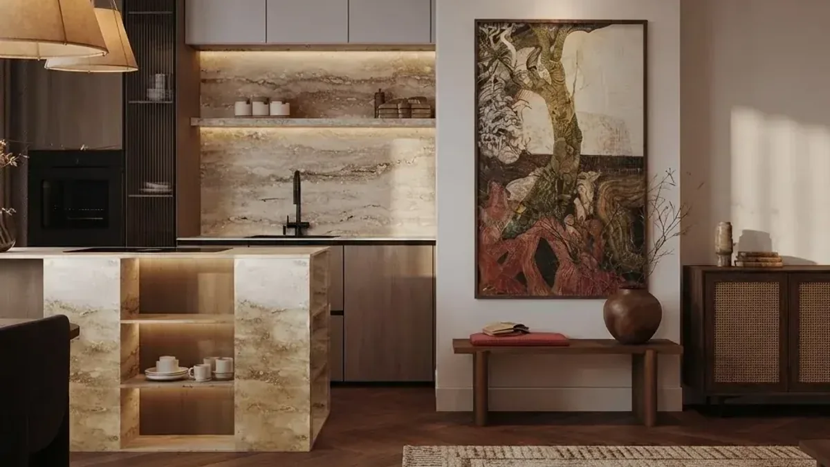 A warm kitchen with a travertine island containing lit display niches, walnut cabinetry with a stone splashback, two fabric drum pendants, a large framed artwork, a timber bench and a caned sideboard on a herringbone floor