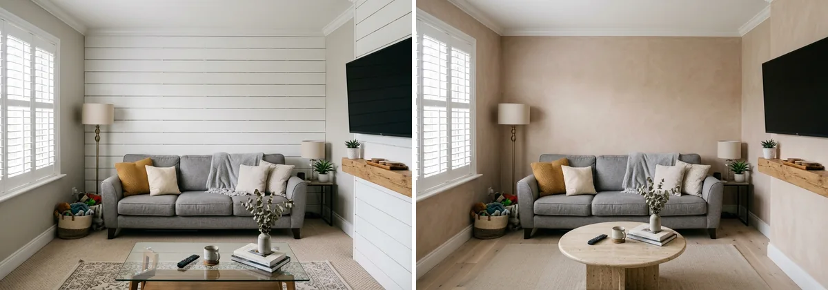 The same living room twice: on the left a white horizontal shiplap feature wall behind a grey sofa with a wall-mounted television, on the right the same wall with the boards replaced by a smooth warm clay plaster finish and the glass coffee table swapped for a round wooden one