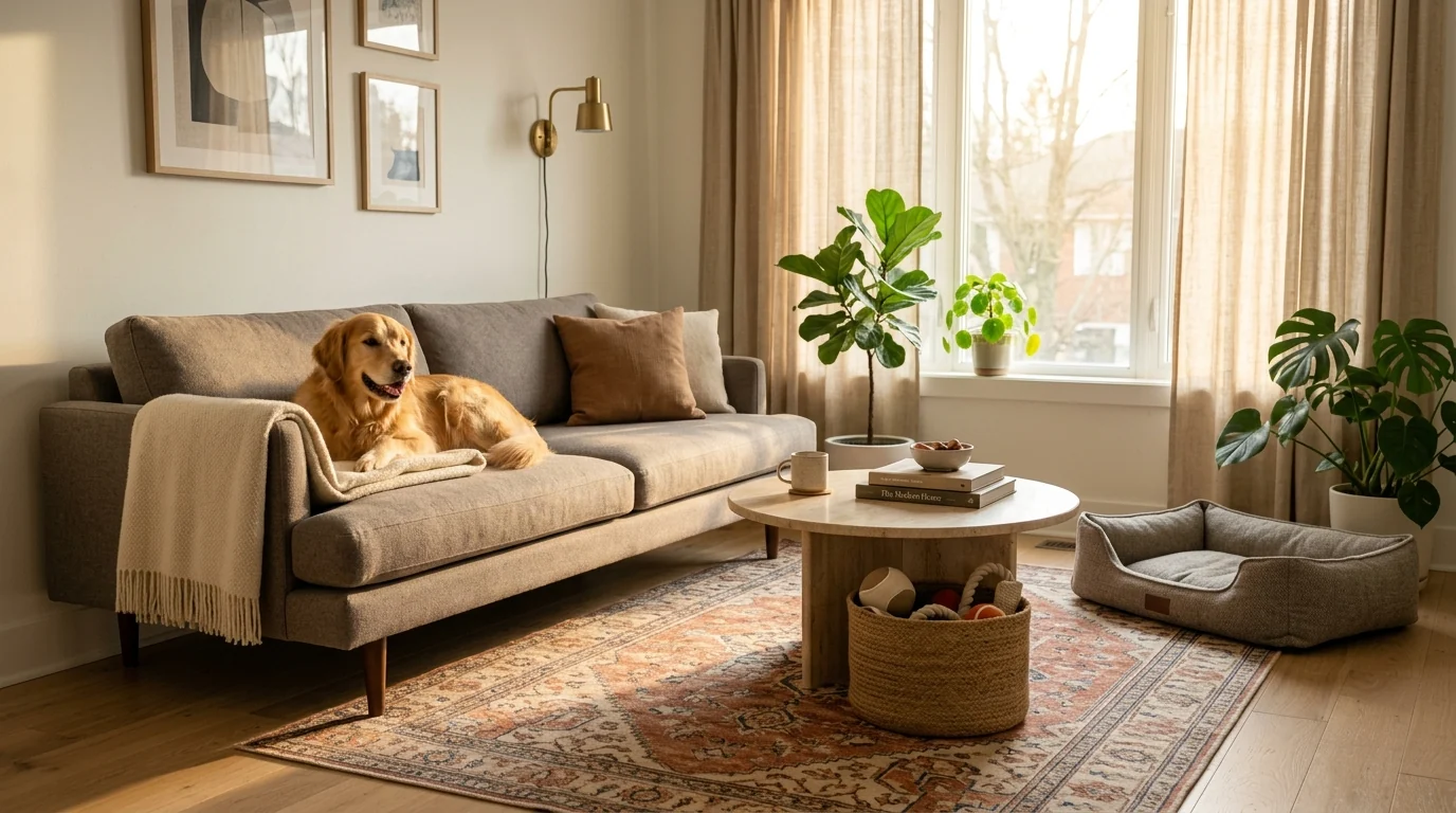 Stylish sunlit living room designed for pets, with a warm-gray performance-fabric sofa, a calm golden retriever resting on a folded blanket, a patterned washable rug in warm tones, a designer dog bed in matching fabric, and a basket of dog toys, all looking intentional rather than pet-worn