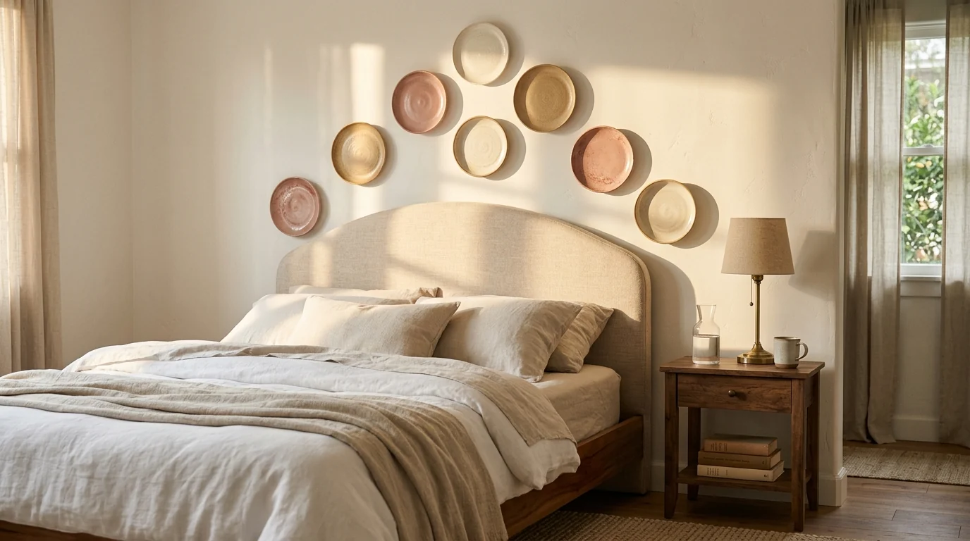 Bedroom plate wall with nine small blush, cream and sand plates arranged in a soft arch above an oatmeal linen headboard with linen bedding