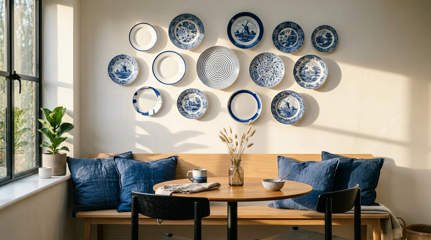 Plate wall of mixed antique delft and modern blue-rimmed ceramics unified by a cobalt and white palette above a light oak dining bench with indigo cushions