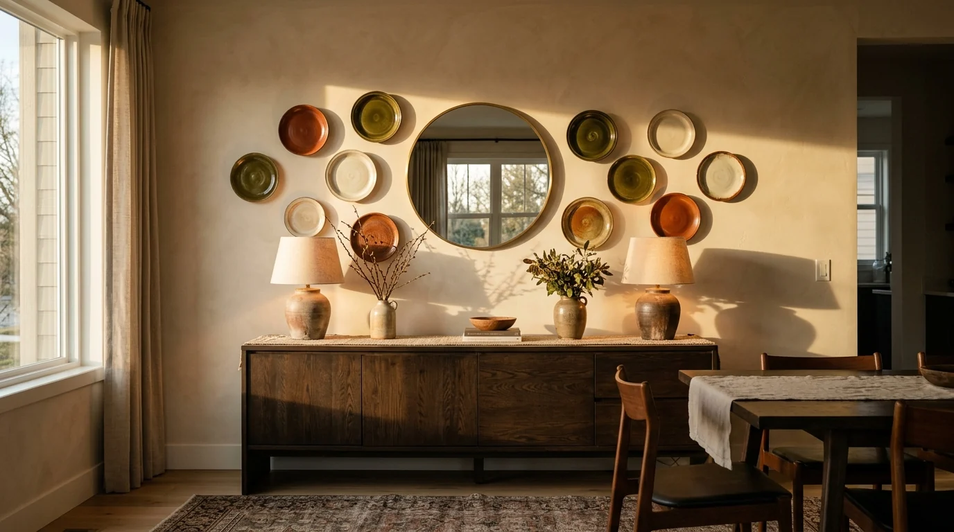 Dining room plate wall in olive, cream and rust glazes flanking a round mirror above a long dark oak sideboard with two ceramic lamps