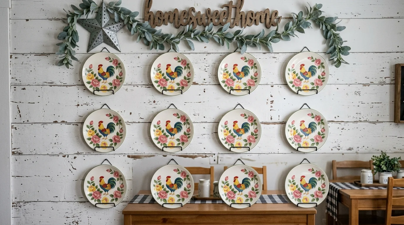 Deliberately dated farmhouse-style plate wall with a rigid grid of matching motif plates on shiplap, a word-art sign, faux garland and a galvanized metal star