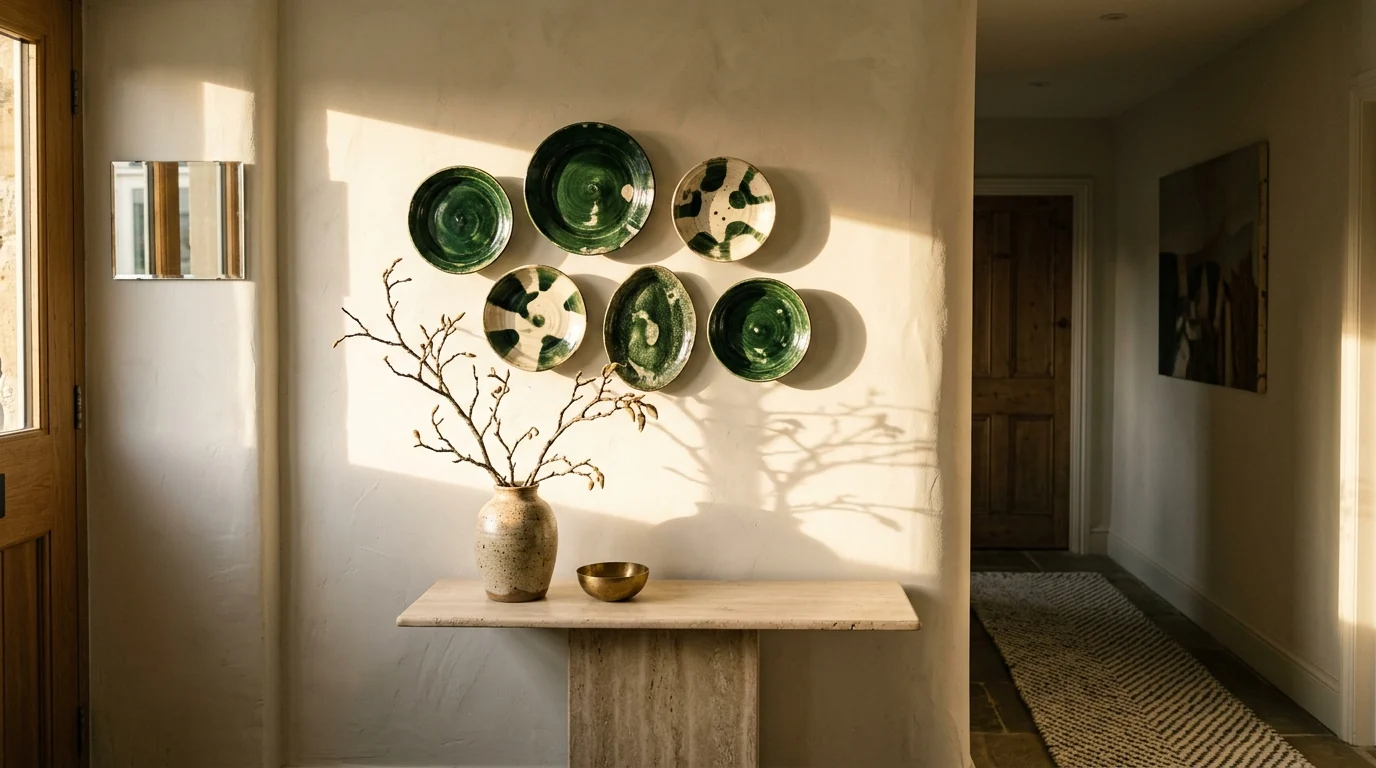 Narrow entryway with six deep green and cream ceramic plates clustered above a slim travertine console, a shaft of sunlight crossing the wall