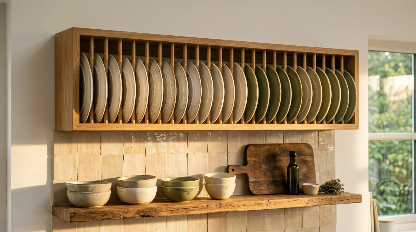 Modern kitchen with a full-width oak plate rack holding cream, speckled stoneware and muted green plates upright in morning sun over a zellige backsplash
