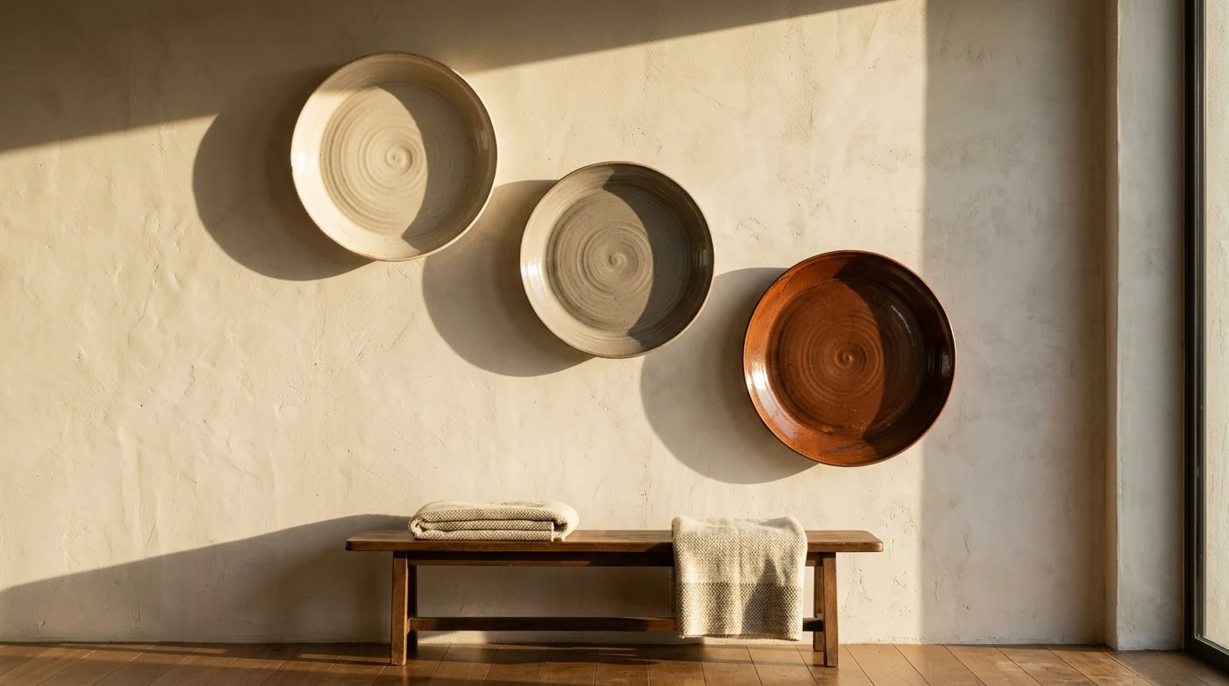 Three oversized handmade stoneware plates in cream, warm grey and burnt sienna on a limewashed wall with long afternoon shadows above a low oak bench