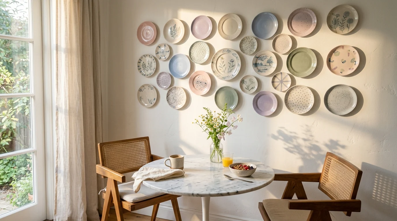 Plate wall in soft pastels with hand-painted pink, powder blue and lavender plates above a small round marble breakfast table in morning light
