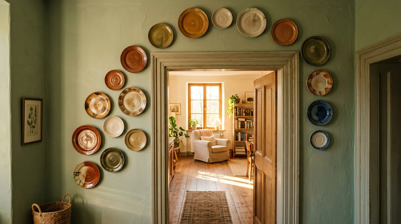 Ceramic plates in warm earth tones arranged climbing up and arching over a doorway on a sage green wall with a sunlit room beyond