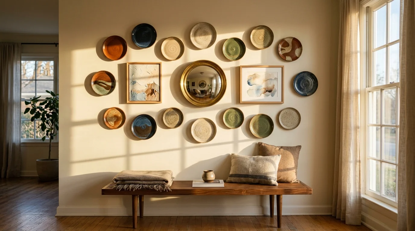 Gallery wall mixing earth-tone ceramic plates with small abstract paintings in thin oak frames and a vintage brass convex mirror above a walnut bench