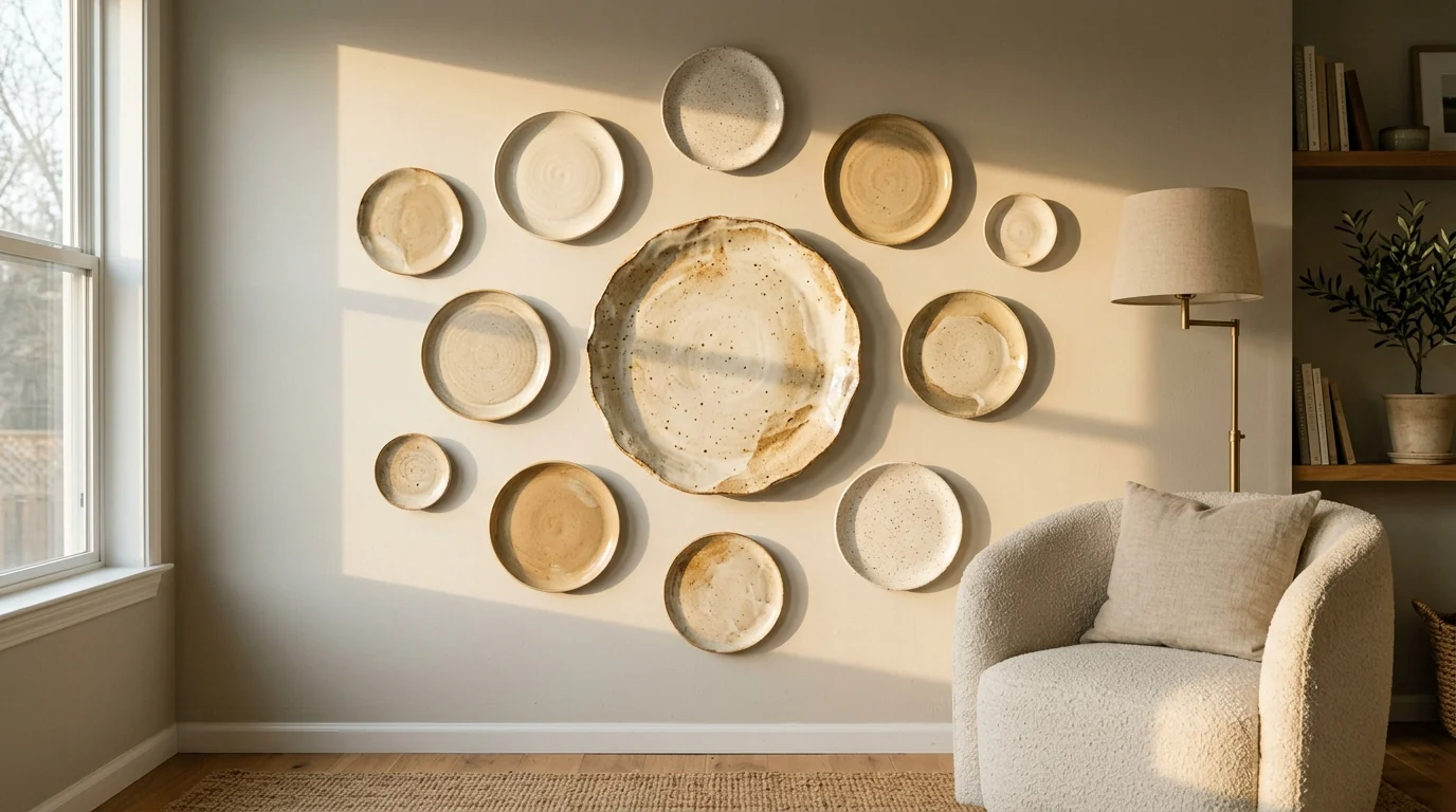 Salon-style plate wall with one oversized stoneware platter at the center surrounded by smaller cream and neutral plates on a greige wall beside a boucle armchair