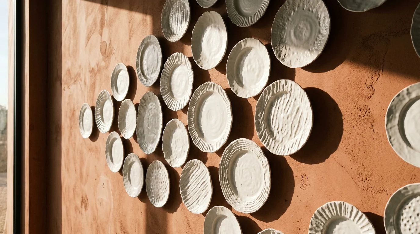 All-white sculptural relief plates with ruffled rims casting curved shadows on a warm terracotta plaster wall in raking sunlight