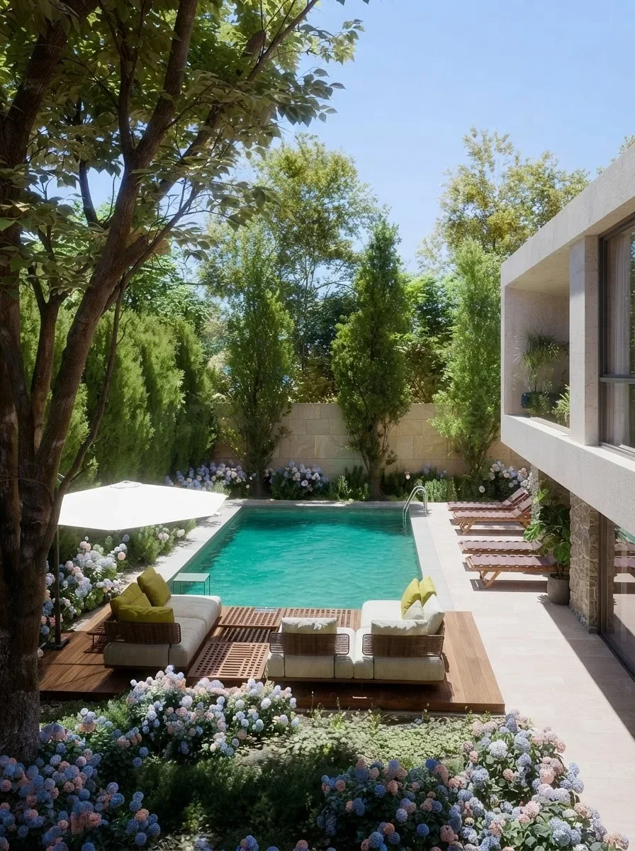 A pool with a teak deck, hydrangea planting and timber lounge seating