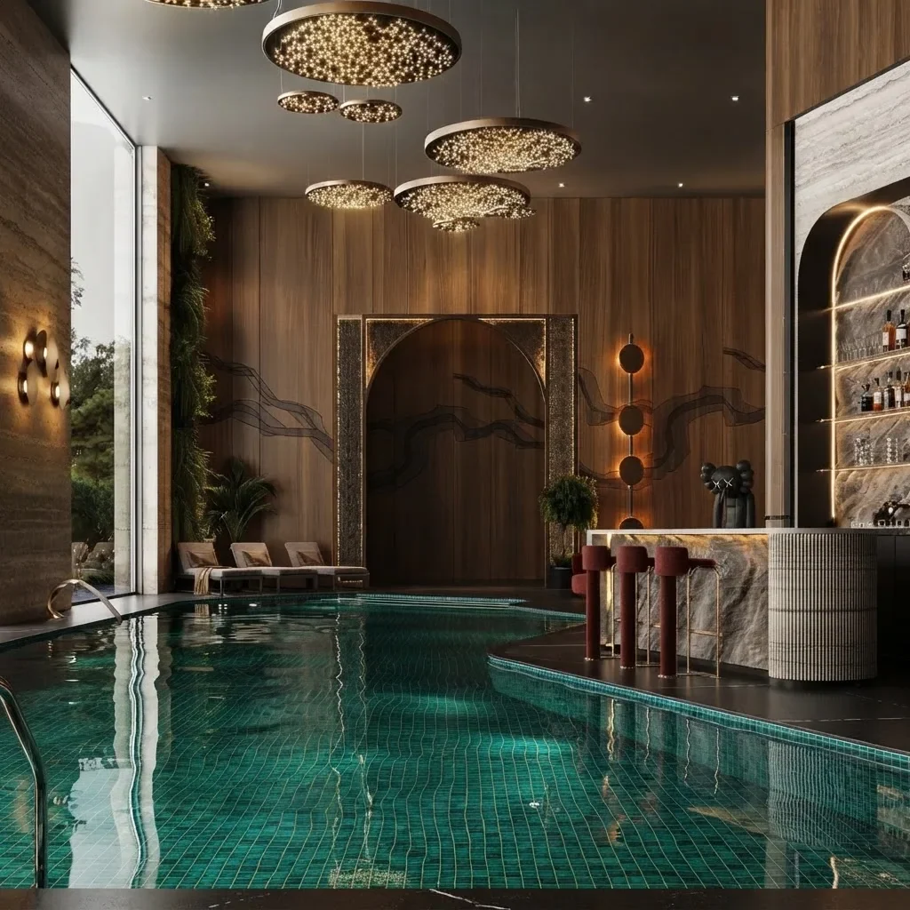 A pool with an attached spa, emerald mosaic and walnut screening