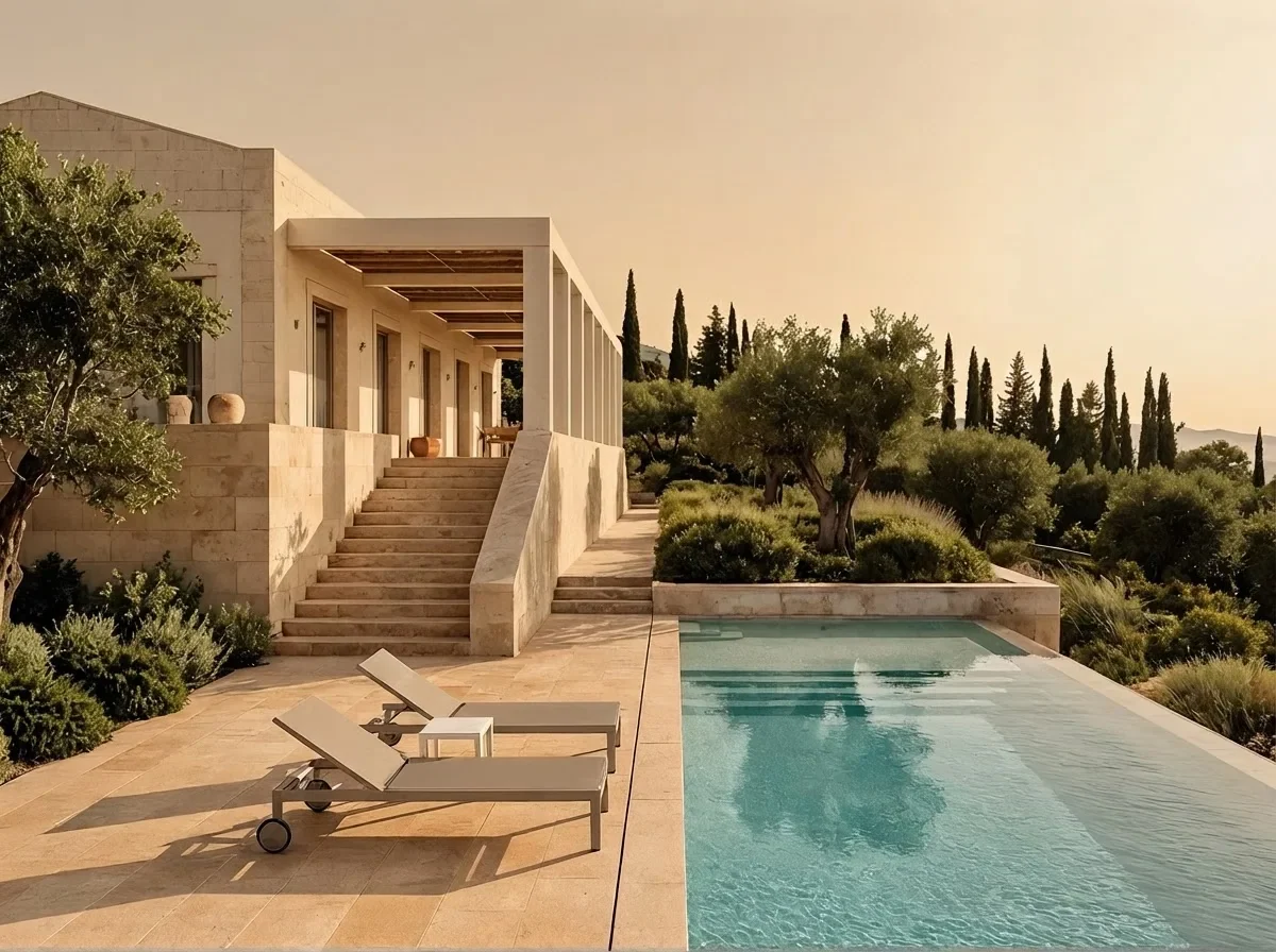 A limestone terrace with an infinity pool and olive trees