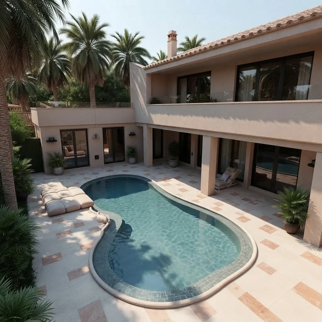 A freeform pool with a patterned terrace beside a Mediterranean villa