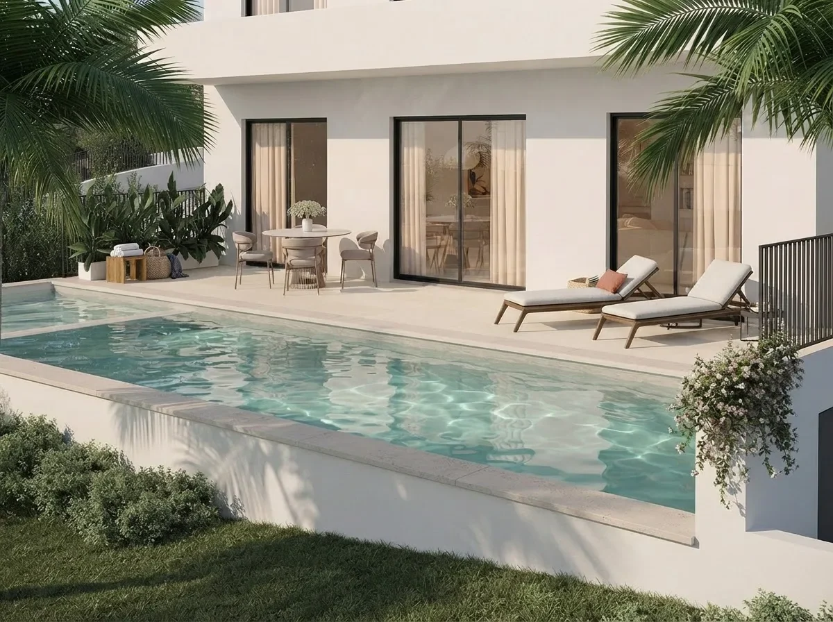A lap pool on a terrace beside a white villa with planting
