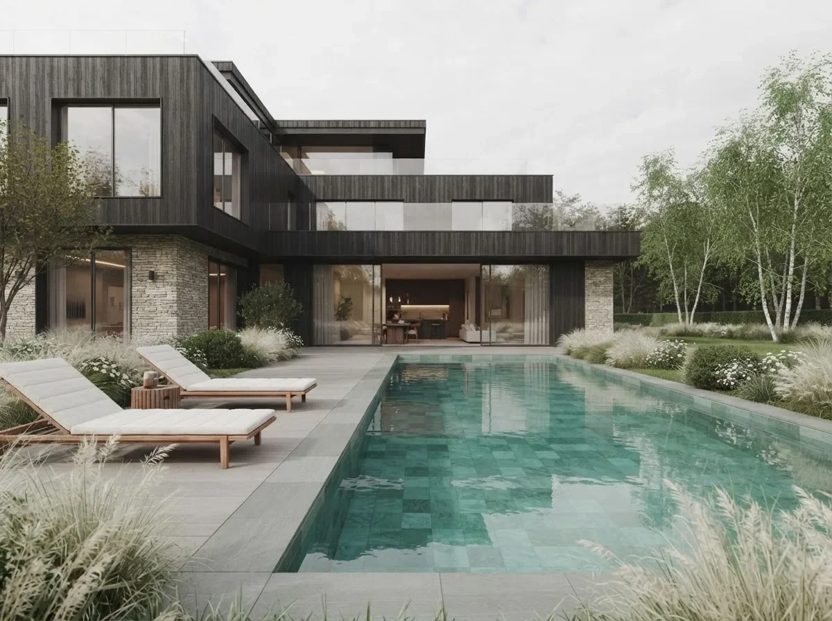 A lap pool with a flush lawn edge beside a dark timber house