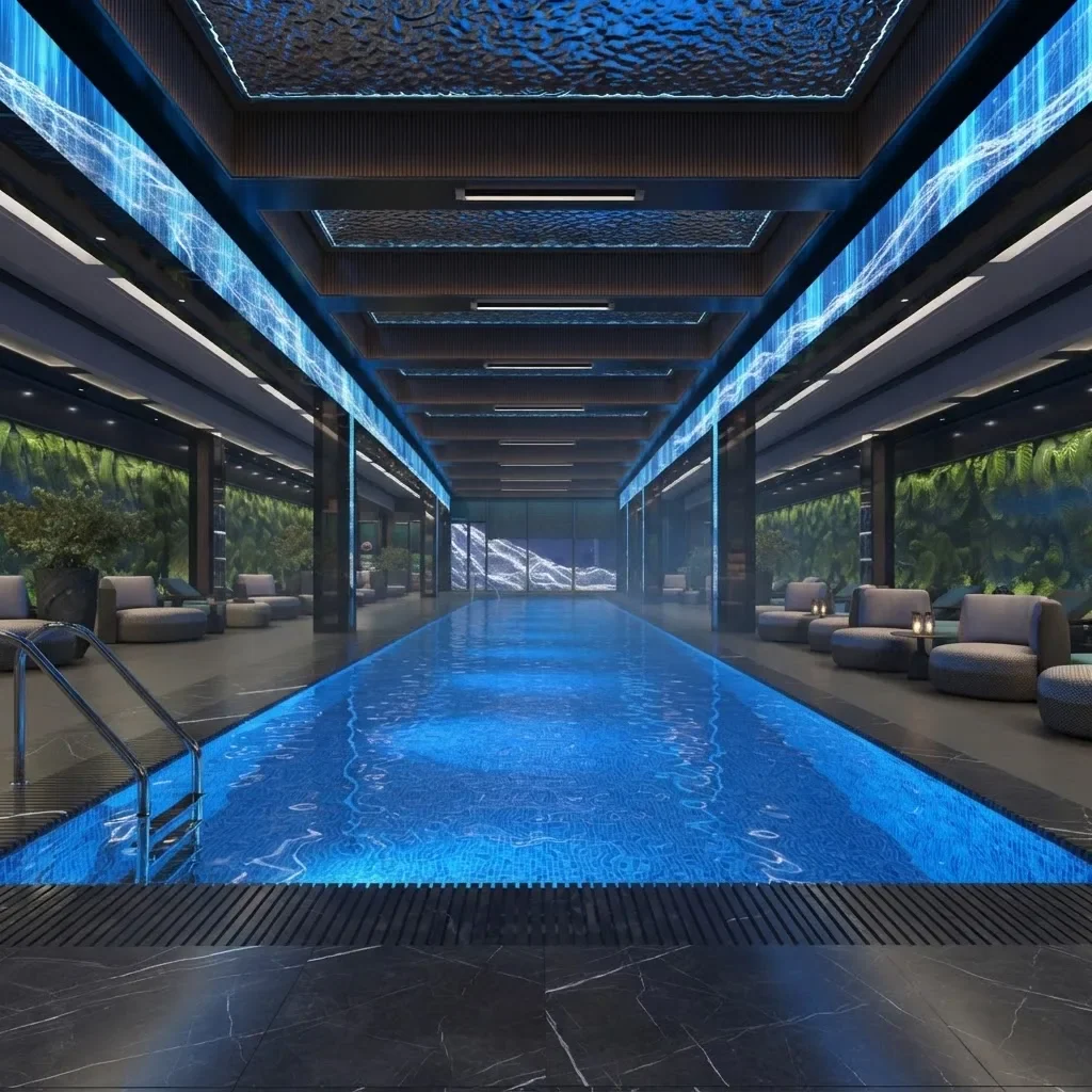 An indoor lap pool lined with deep blue mosaic tile