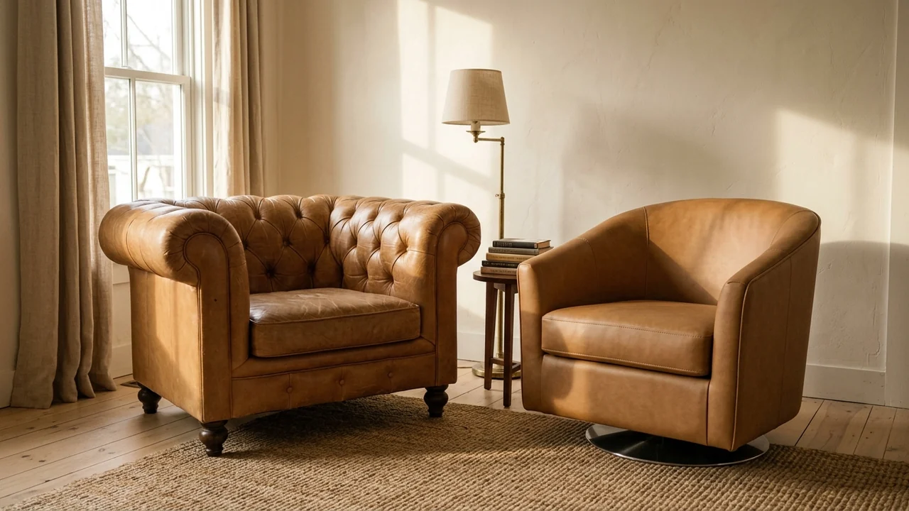 Two armchairs side by side in the same room, a wide low camel leather chair with a rolled arm, buttoned seat and turned wood legs on the left, and a similar shaped camel faux leather swivel chair with a tighter surface and metal swivel base on the right