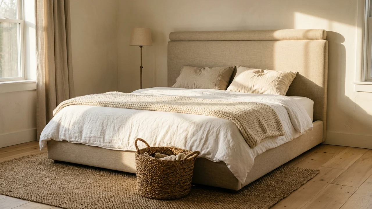 Bedroom with a low upholstered platform bed with a tall plain oatmeal linen headboard with a soft rounded top ledge, white linen bedding with relaxed wrinkles, a chunky cream knit throw and a woven basket, in warm morning sun
