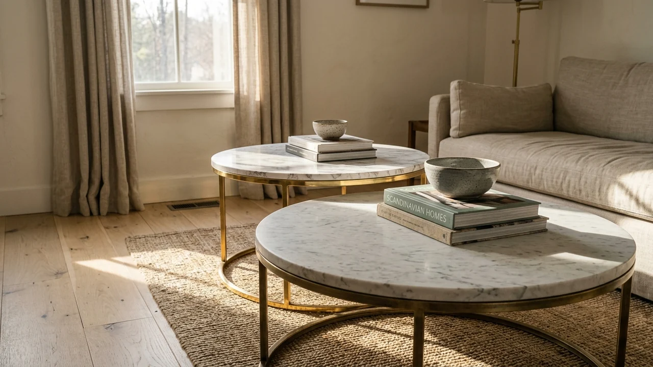 Two round coffee tables in the same room, the nearer with a thick honed white marble top with grey veining on a slim aged brass frame, the further with a thinner printed marble effect top with a repeating pattern on a shinier gold toned frame