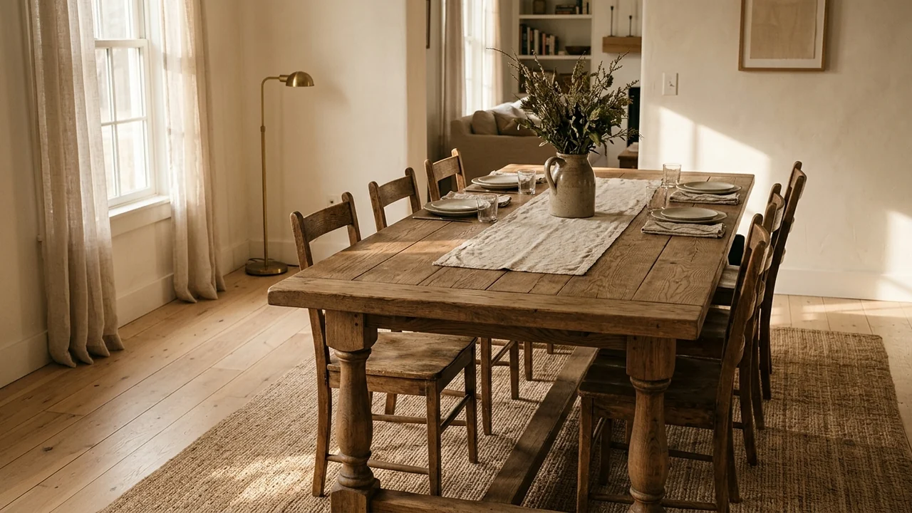 Dining area with a long rectangular farmhouse table in solid weathered oak with a thick planked top, visible grain, breadboard ends and heavy turned trestle legs, with simple wood chairs, a linen runner and a stoneware jug of branches in raking sun
