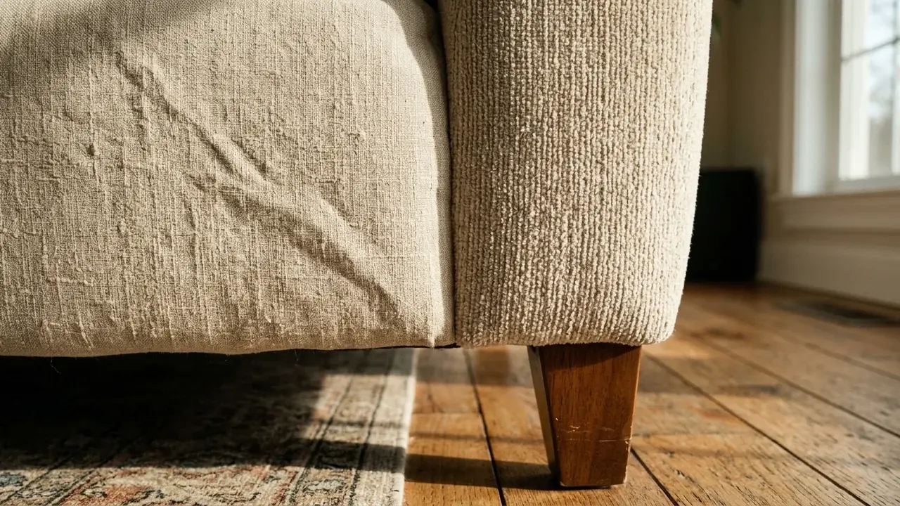 Macro comparison of two oatmeal upholstery fabrics in raking sunlight, heavyweight linen with an irregular slub weave and matte finish on the left, polyester chenille with a uniform pile and faint synthetic sheen on the right