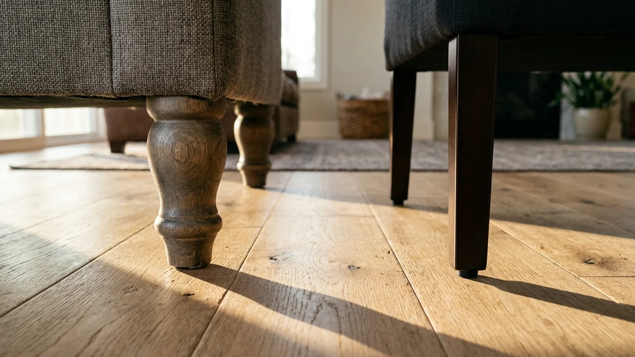 Floor level close-up comparing a turned solid wood furniture leg in a matte weathered grey brown finish against a slim dark leg with a glossy uniform stain and machined edges, both casting long shadows on pale oak