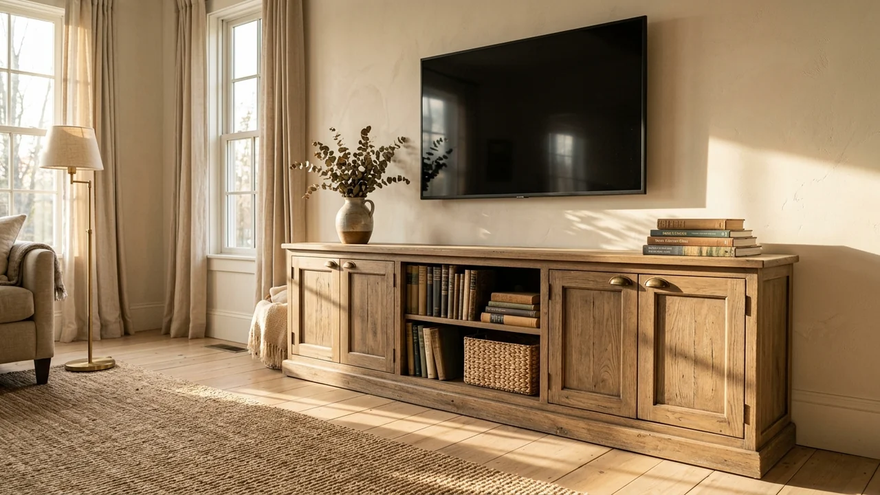 Long low media console in weathered oak with panelled cabinet doors, aged brass cup pulls and open middle shelving holding books and a woven box, under a wall hung television against a plaster wall with long afternoon shadows