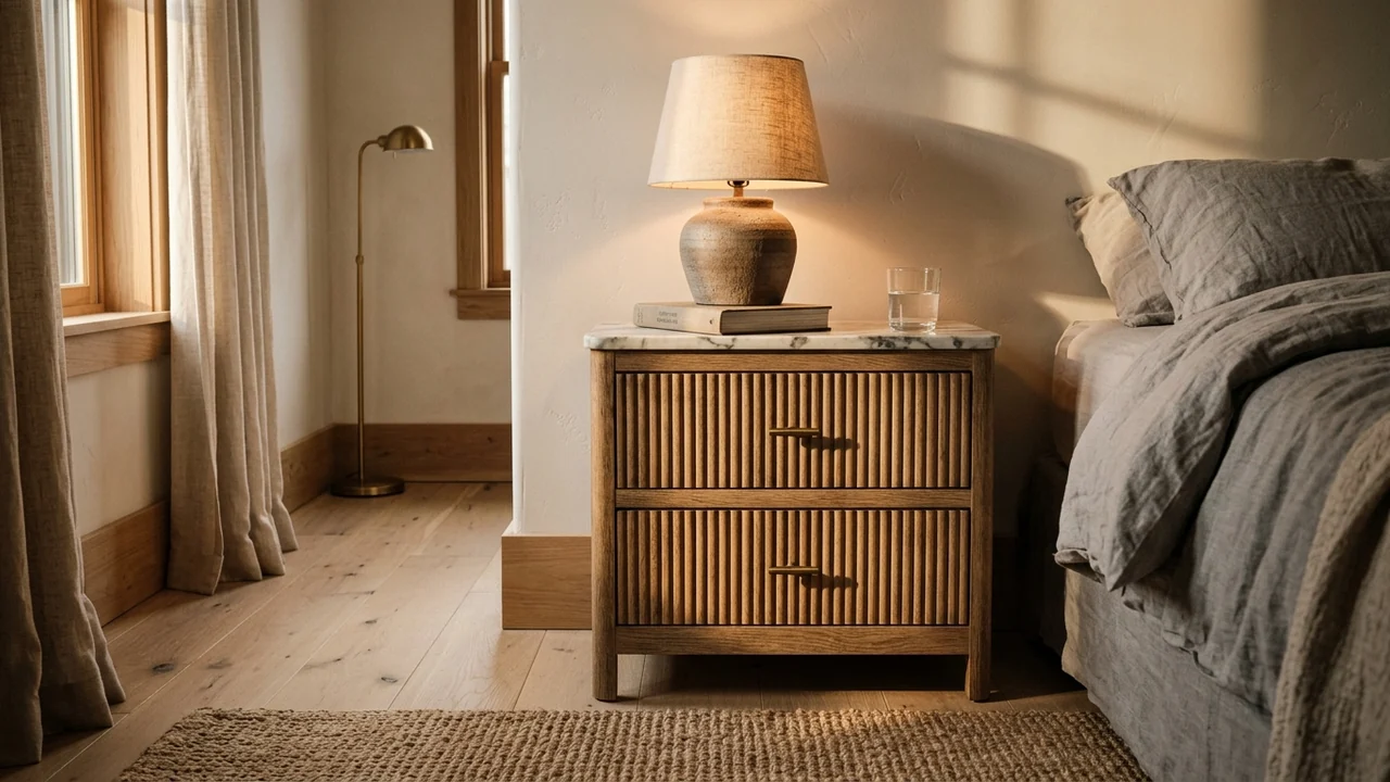 Two drawer nightstand with vertical reeded fluting across the drawer fronts in warm weathered oak, slim aged brass knobs and a ceramic lamp with a linen shade, in low warm side light picking out every groove