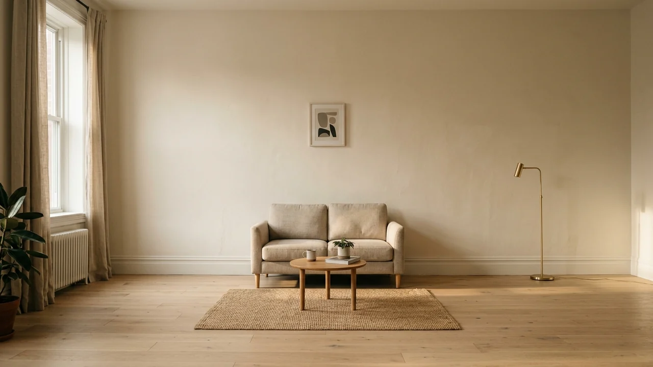Living room showing a scale mistake, a small two seat sofa on a wide tall wall with large empty wall above and wide bare floor gaps at both sides, a too small coffee table and a rug the furniture legs do not reach