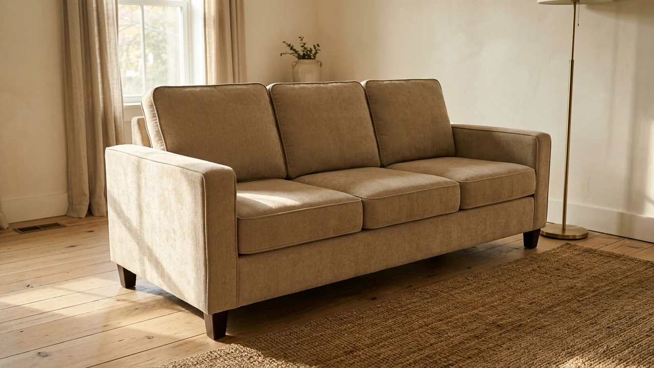 Budget three seat sofa in the same room and camera angle, tight fitted beige chenille upholstery with a faint sheen, boxy square arms, firm uniform back cushions, no skirt and short dark tapered legs