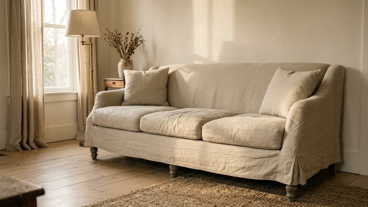 Three seat sofa with a soft slope arm, loose deep seat cushions and a full heavyweight oatmeal linen slipcover with a visible arm seam, soft skirt and relaxed wrinkling, on turned weathered wood legs