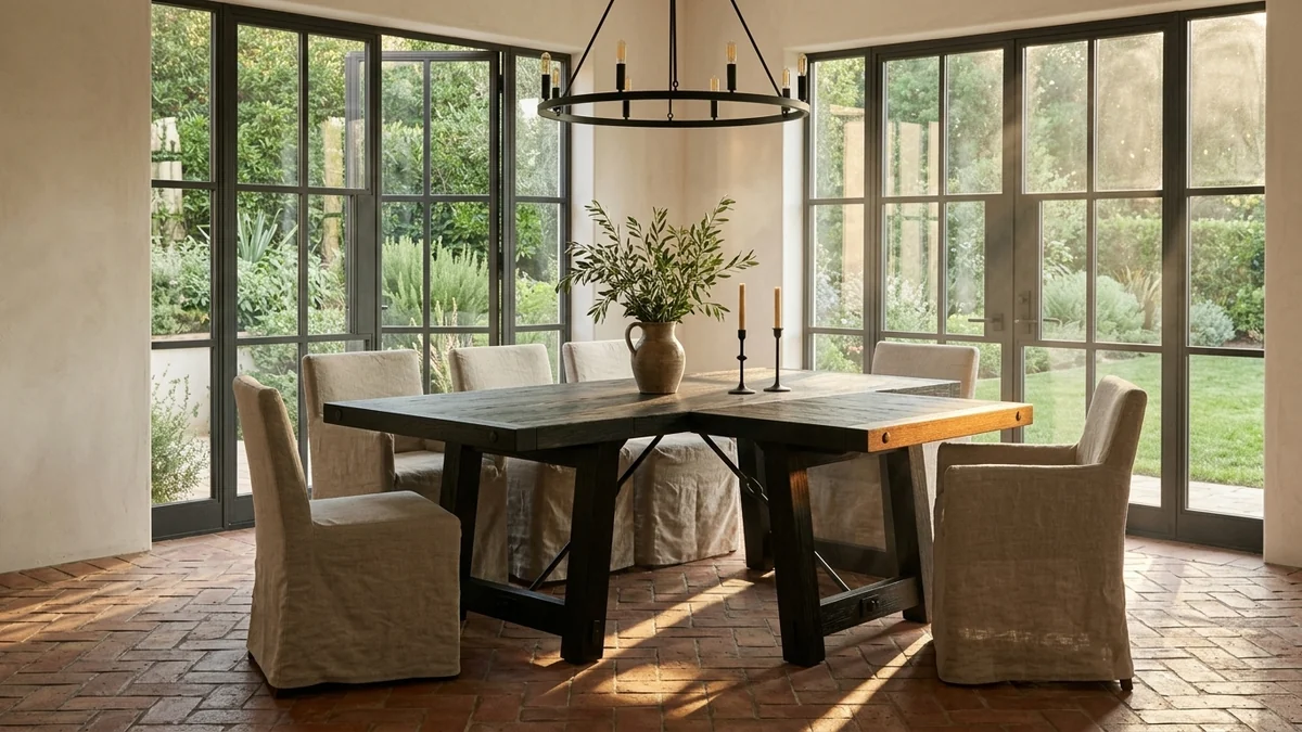 Garden-facing dining room with the Pottery Barn Benchwright blackened-oak extending table, linen slipcovered chairs and iron chandelier, golden sun casting mullion shadows across a terracotta floor