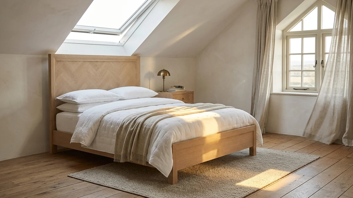Sunlit attic bedroom with the Pottery Barn Blair herringbone bed and matching nightstand, morning sun falling through a skylight onto white linen bedding