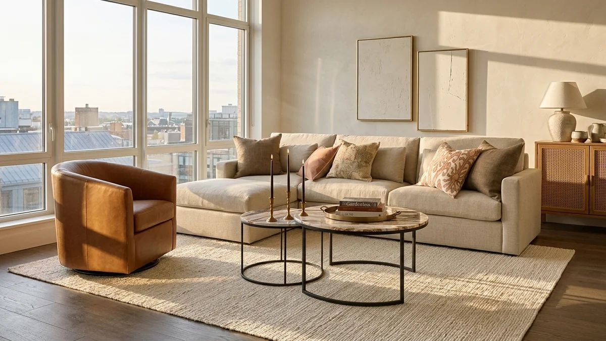 High-ceilinged living room in evening sun with the Pottery Barn Delaney Calacatta marble nesting coffee tables, cognac leather swivel chair, oatmeal linen sofa and cane cabinet, quiet luxury trend 2026