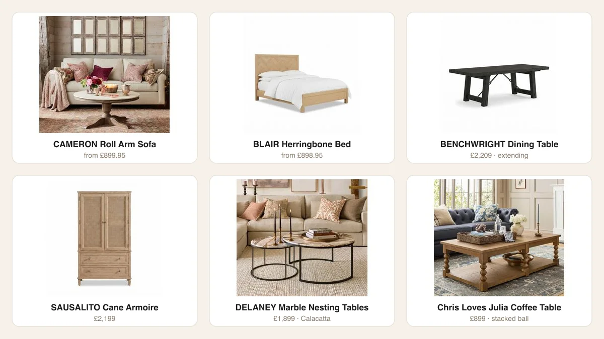 Six hero Pottery Barn pieces for 2026: Cameron roll arm sofa, Blair herringbone bed, Benchwright extending dining table, Sausalito cane armoire, Delaney marble nesting tables, and the Chris Loves Julia stacked ball coffee table