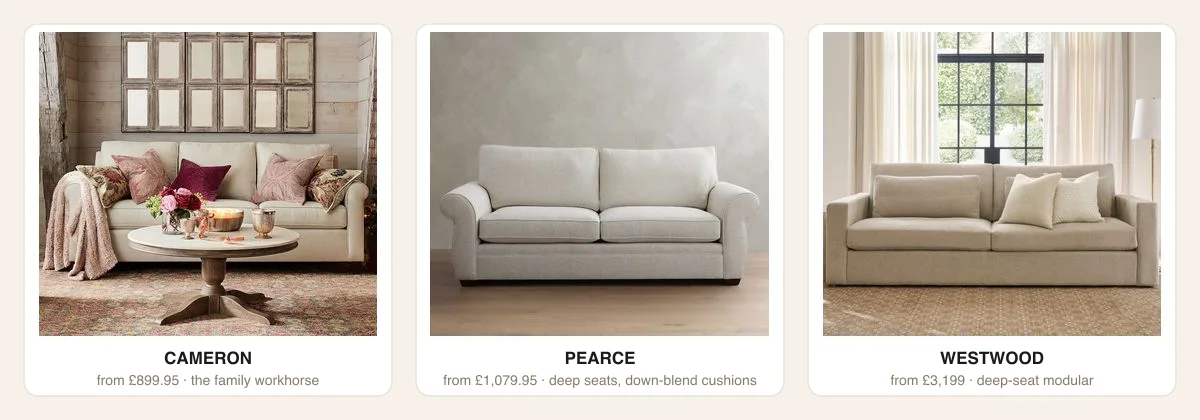 The Pottery Barn sofa ladder compared: Cameron roll arm from £899.95, Pearce roll arm from £1,079.95, and Westwood deep-seat modular from £3,199
