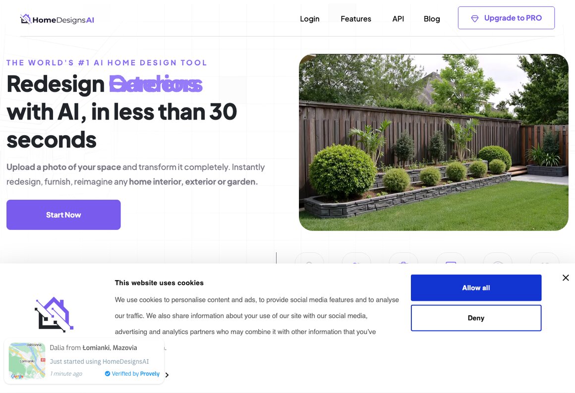 The HomeDesignsAI landing page, an affordable all-round ReimagineHome alternative for restyles and staging